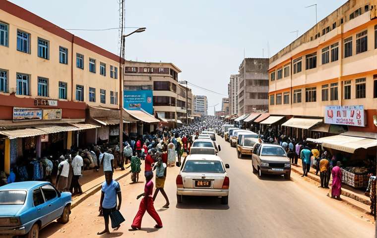 **
A bustling street scene in Luanda, Angola. Show a contrast between modern buildings and crowded areas with street vendors. Focus on the vibrancy of the city but subtly hint at potential petty crime like pickpocketing (without explicitly depicting it).
**